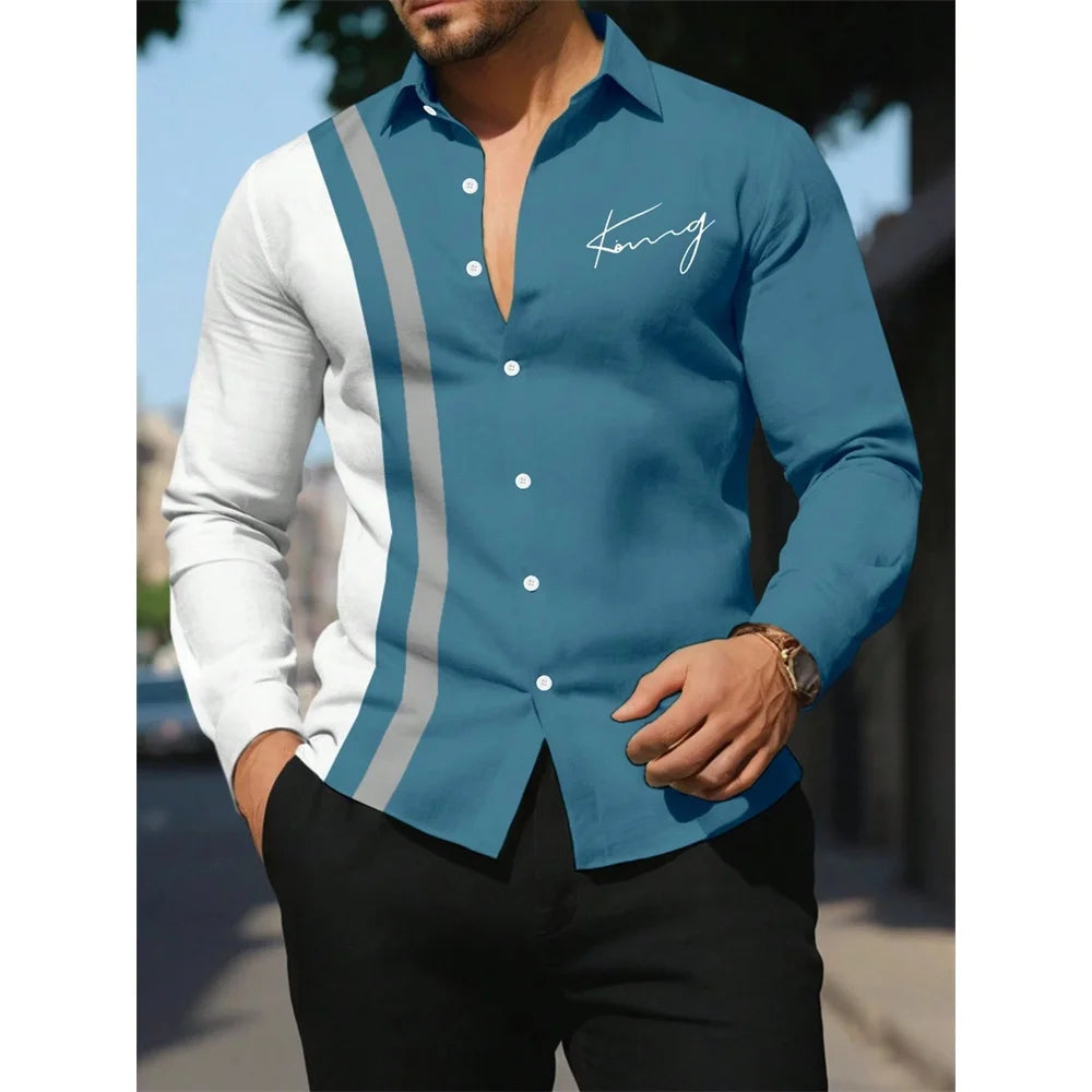 Men's Shirt Letter Striped Print Men's Long-Sleeved Shirt Autumn Casual Tops Beach Men Clothing Oversized Men's Fashion Shirts