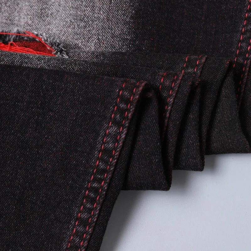 Men's Black Stretch Jeans for Spring and Fall, Denim Pants with Red Ripped Details, Asian Sizes 28–42.