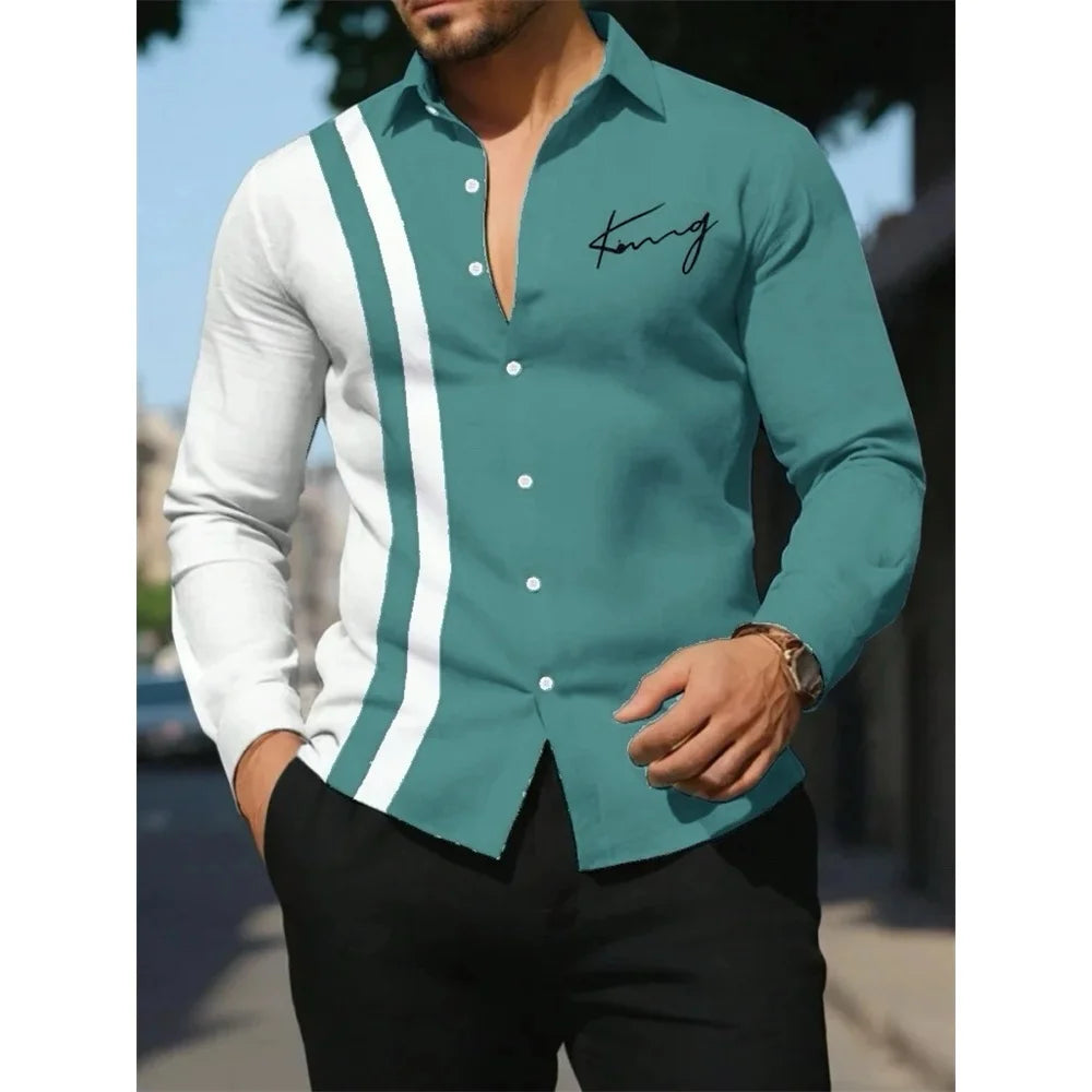 Men's Shirt Letter Striped Print Men's Long-Sleeved Shirt Autumn Casual Tops Beach Men Clothing Oversized Men's Fashion Shirts