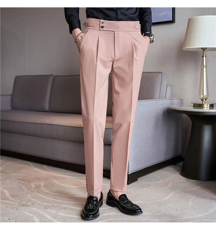 British Style Men High Waist Casual Dress Pant Men Belt Design Pink Trousers Formal Office Social Wedding Party Dress Suit Pants