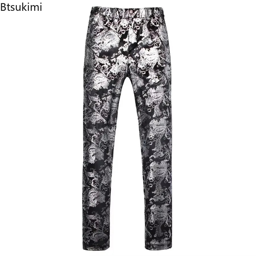 2026 Men's Luxury Gold Stamping Floral Suit Pants Casual Flat Front Expandable Waist Trousers Men's Party Wedding Prom Pantalon
