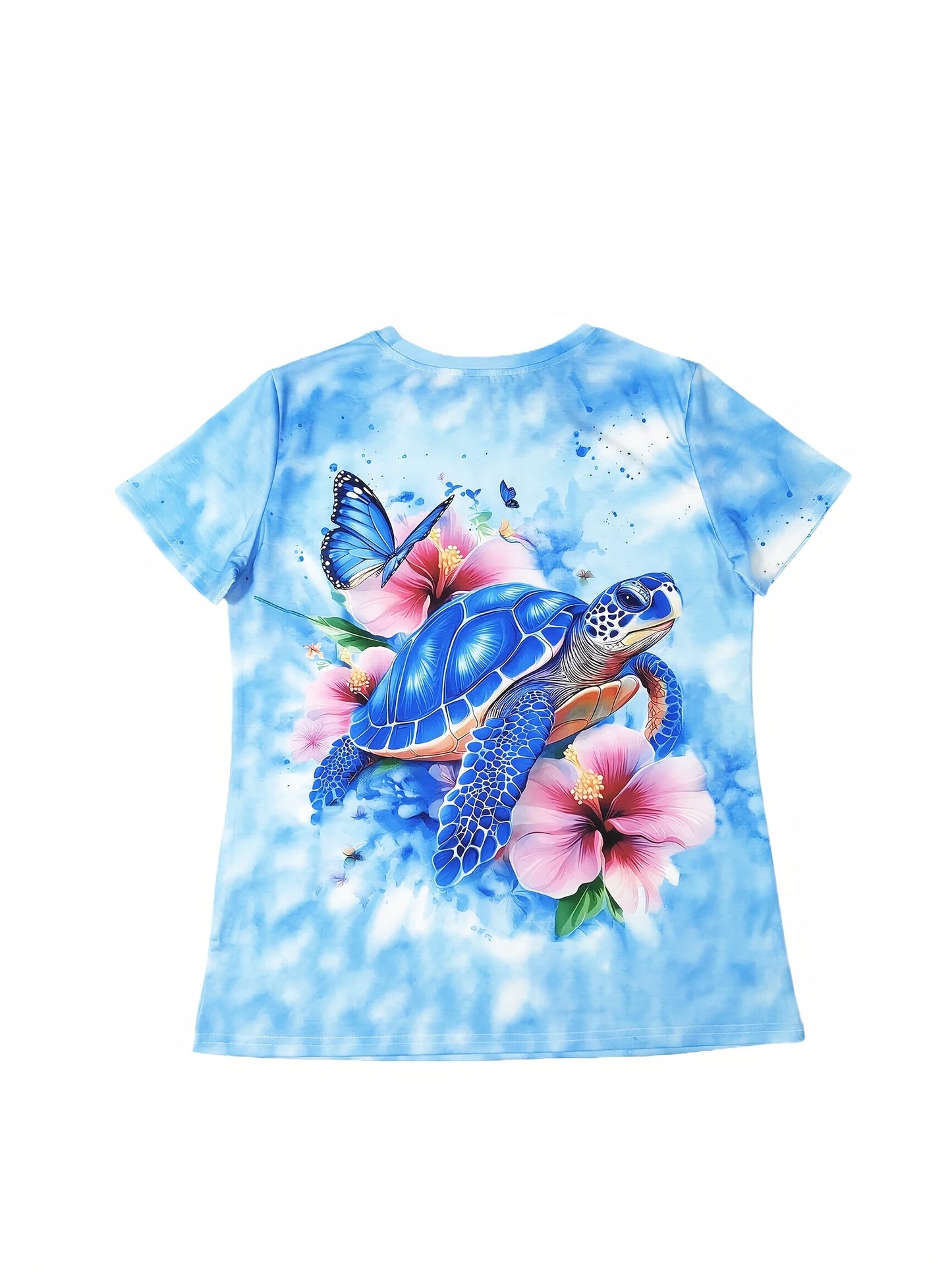 Light Blue Women's Tee - Blue Turtle & Hibiscus Graphic, Tropical Beach Print Design for Casual Daily Wear