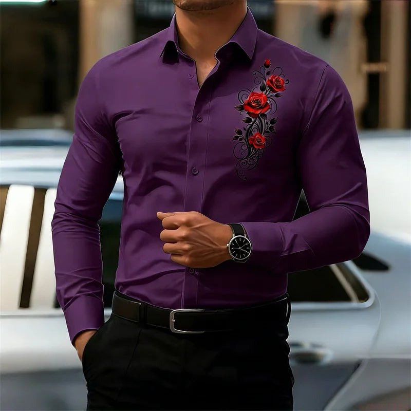 Men's Long-Sleeved Shirt, Featuring a Vintage Red Rose Print Design. A Stylish Business Casual Shirt and Fashionable Men's Top.