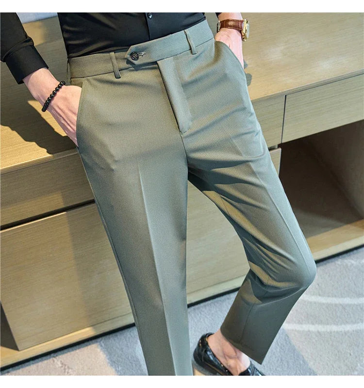 2025  New Autumn Green Premium Dark Stripe Formal Pants for Men,Coffee Slim Small Foot Mens Casual Trousers/Dress Pants Men