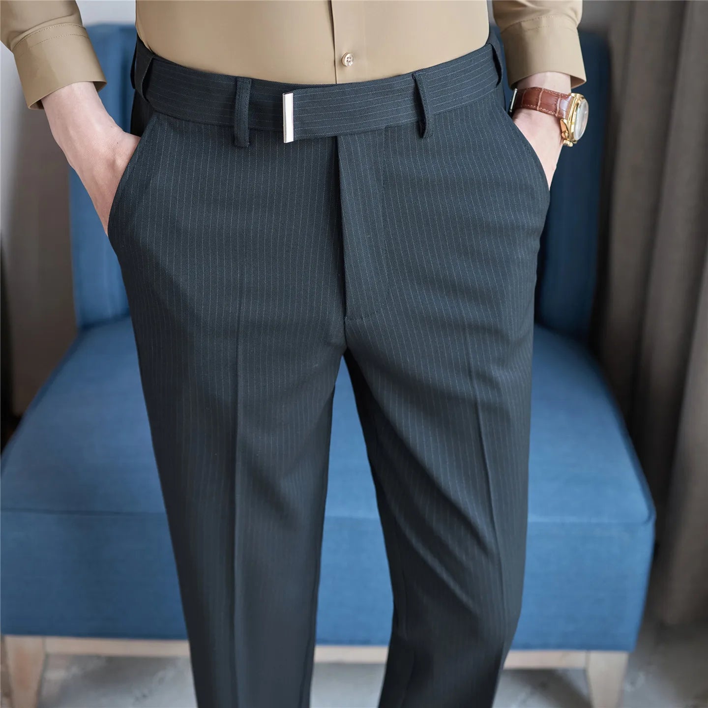 2026 Men's Suit Pants – Striped Formal Trousers in Brown, High-Quality Business Slim Fit Dress Pants for Office & Wedding Wear.