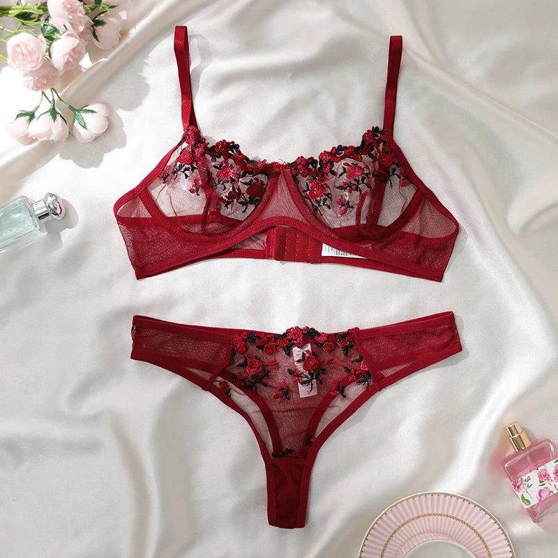 Purple Fancy Lingerie Set Female Underwear Embroidery Flower Bra And Panty Sets Women Outfits