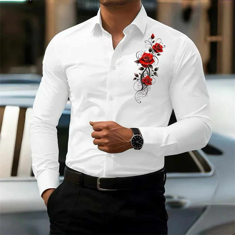 Men's Long-Sleeved Shirt, Featuring a Vintage Red Rose Print Design. A Stylish Business Casual Shirt and Fashionable Men's Top.