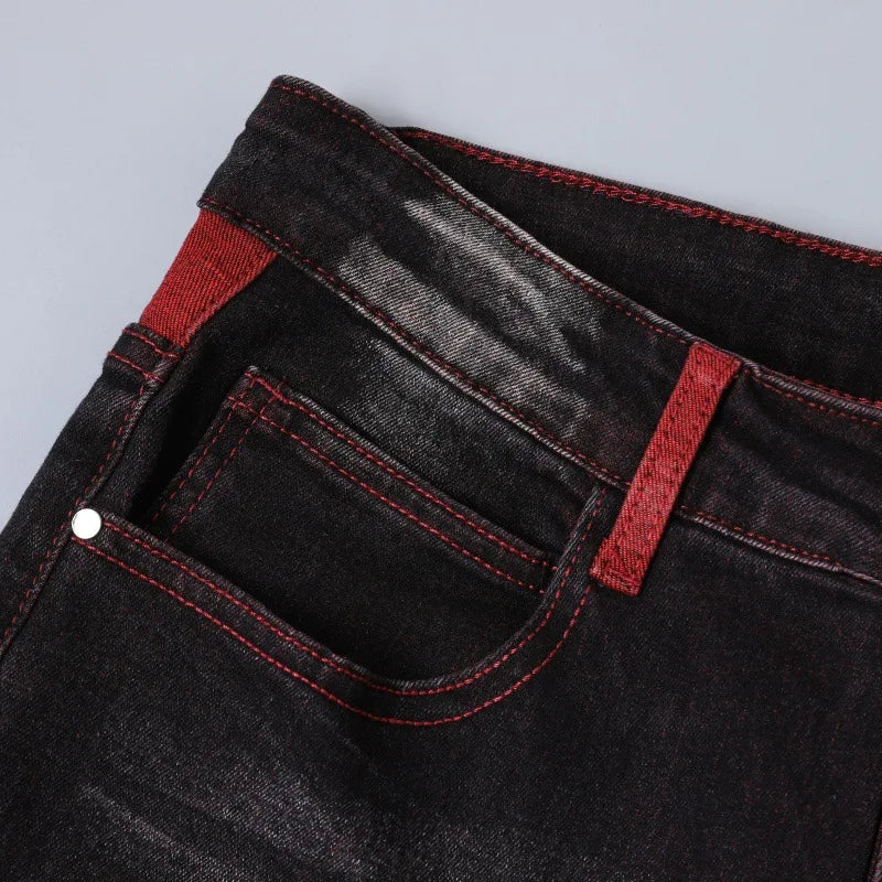 Men's Black Stretch Jeans for Spring and Fall, Denim Pants with Red Ripped Details, Asian Sizes 28–42.