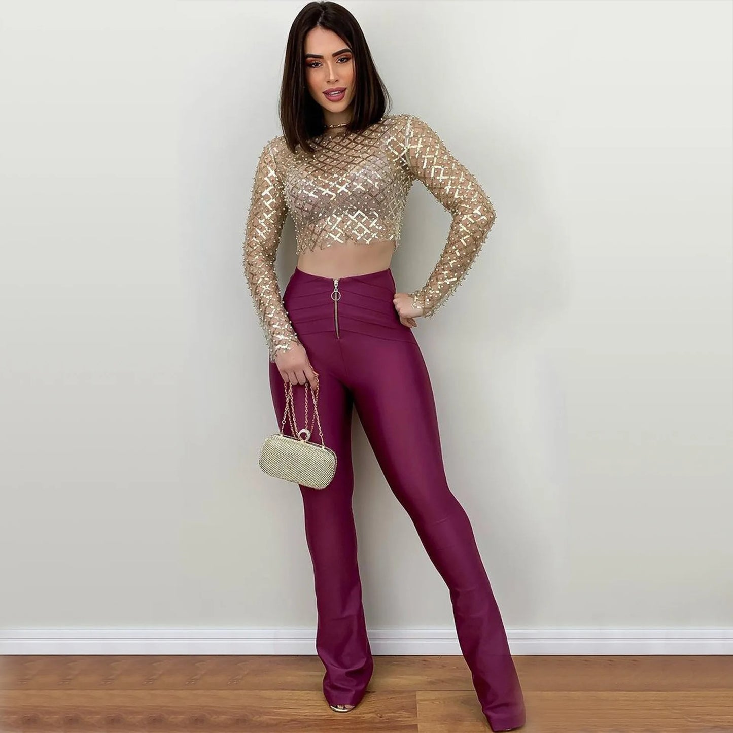 Women's Sexy Mesh Beaded Tops Ladies Fashion Sequins Long Sleeve Top T-Shirt Summer Casual Pullover for Female 2024 New