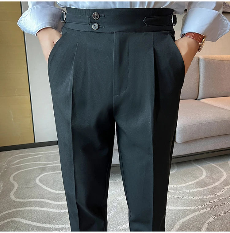 High Quality Neapolitan Mens Suit Pants, Slim Fit Casual Trousers, Blue Vintage High Waist Dress Pants Men ，pantalon Homme Luxe