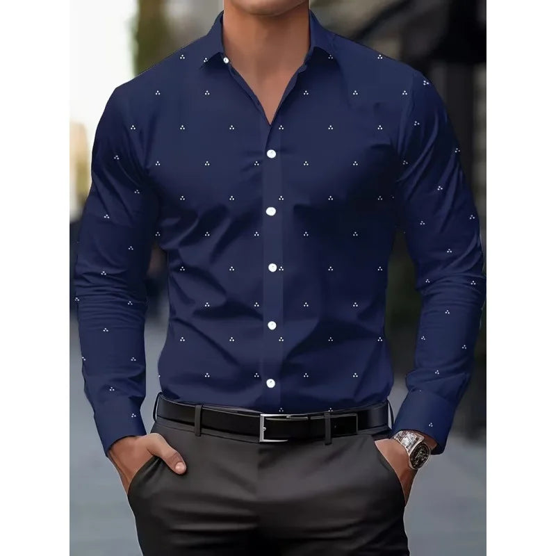 Men's Long Sleeve Geometric Line Print Dress Shirt Slim Fit Formal Casual Button Down Business Top Camisa Masculina De Negócios