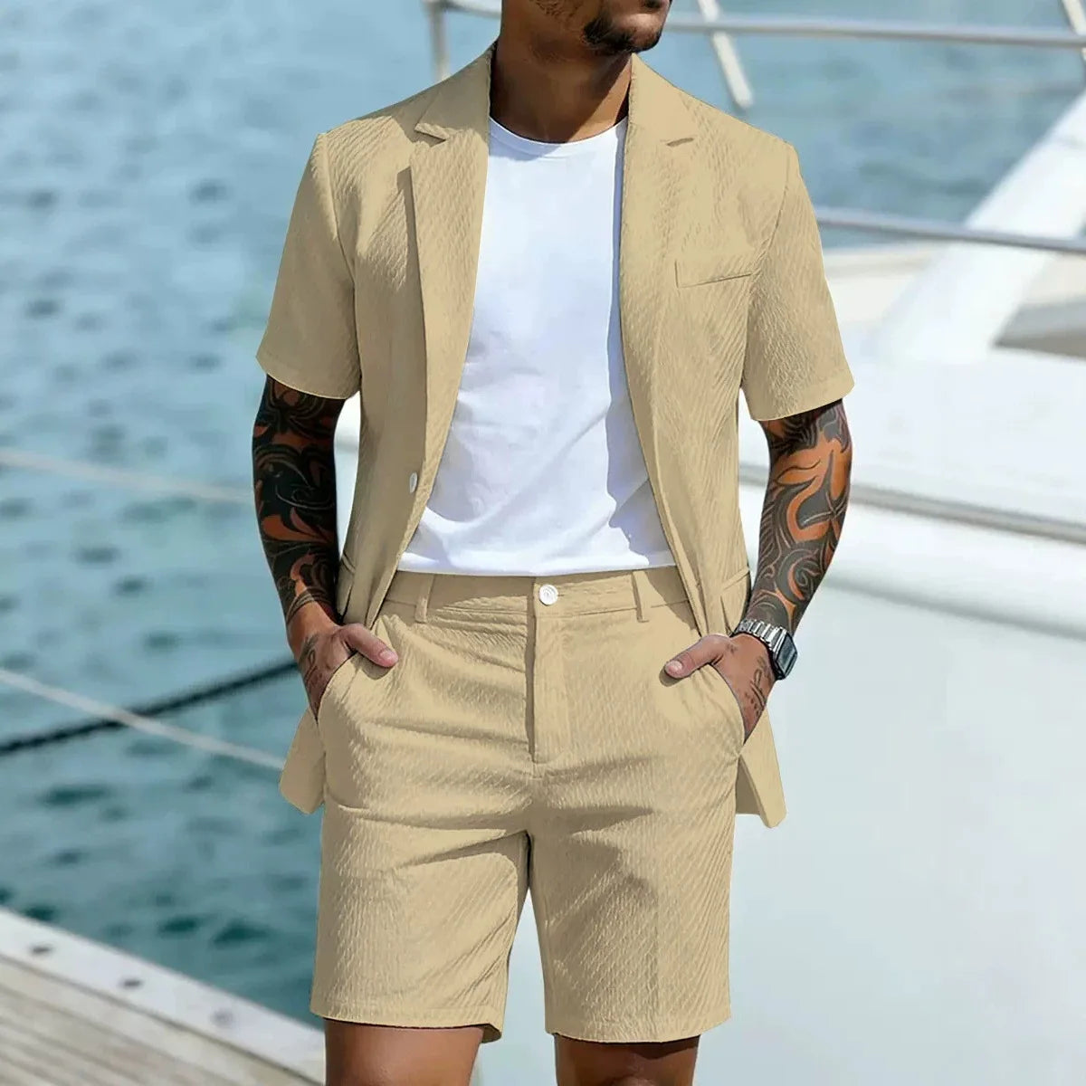 Men Suit Set Summer British Style Solid Color Short Sleeve Male Outfit Slim Breathable Business Wedding Man 2-piece Suit