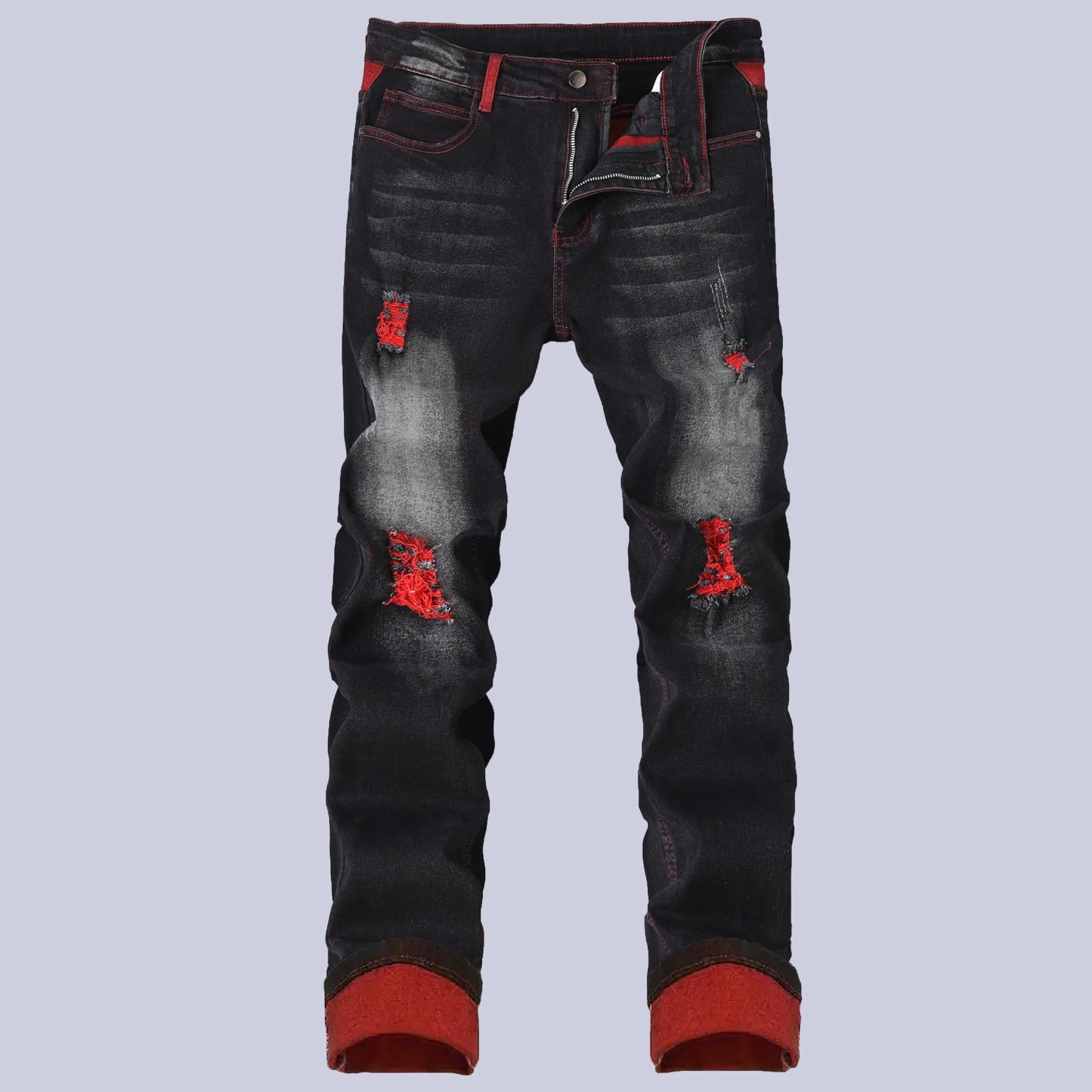 Men's Black Stretch Jeans for Spring and Fall, Denim Pants with Red Ripped Details, Asian Sizes 28–42.