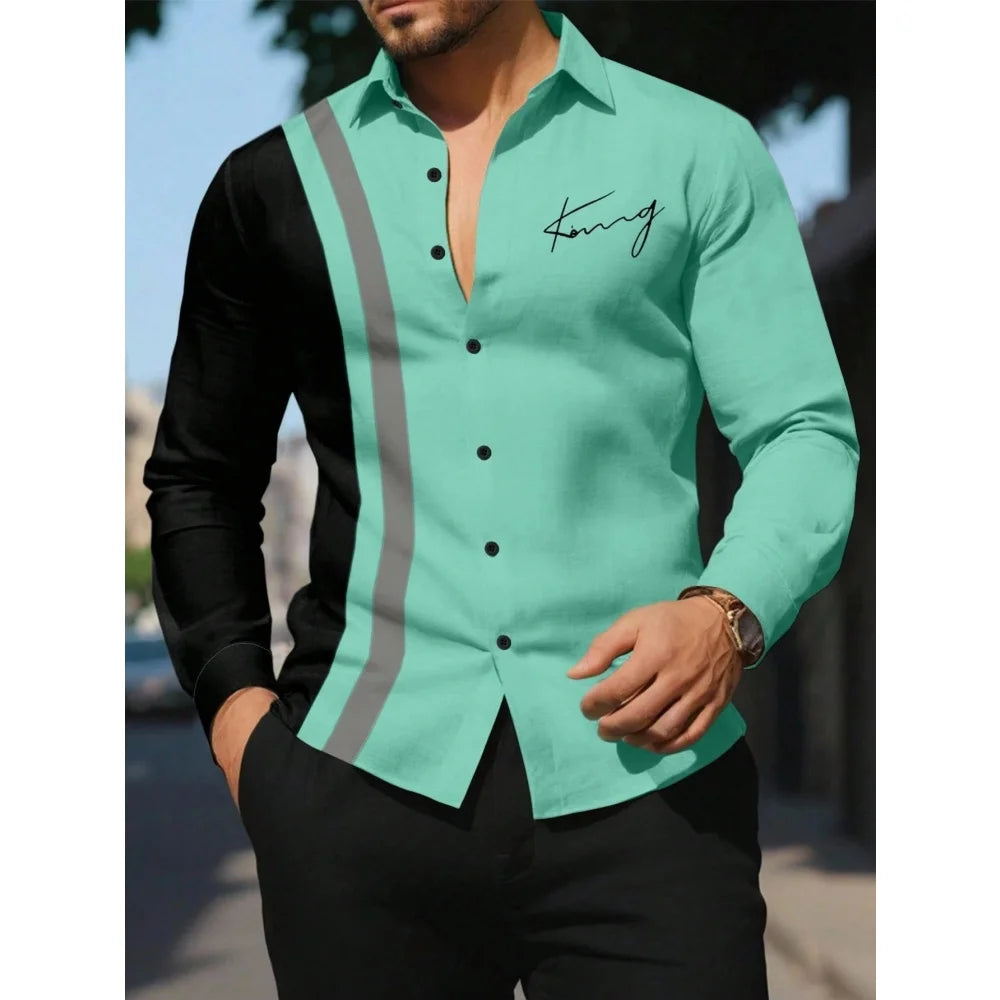 Men's Shirt Letter Striped Print Men's Long-Sleeved Shirt Autumn Casual Tops Beach Men Clothing Oversized Men's Fashion Shirts