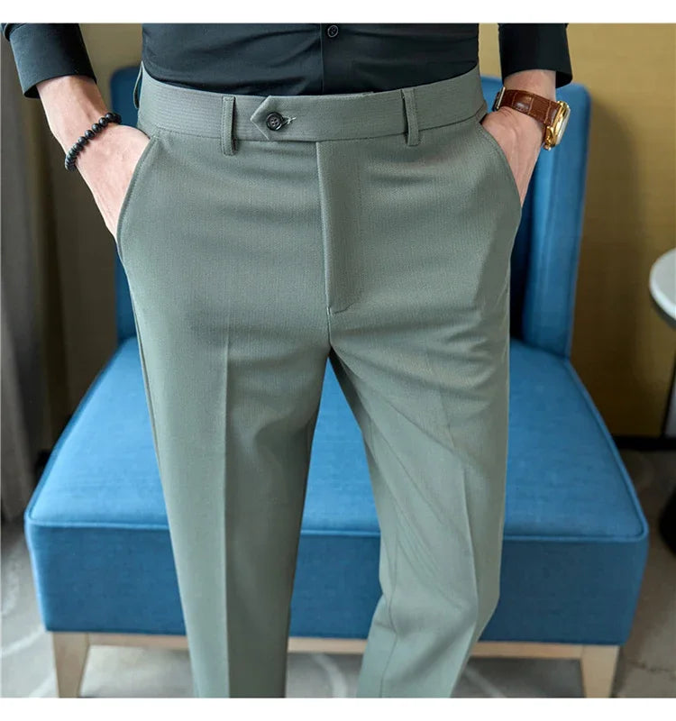 2025  New Autumn Green Premium Dark Stripe Formal Pants for Men,Coffee Slim Small Foot Mens Casual Trousers/Dress Pants Men