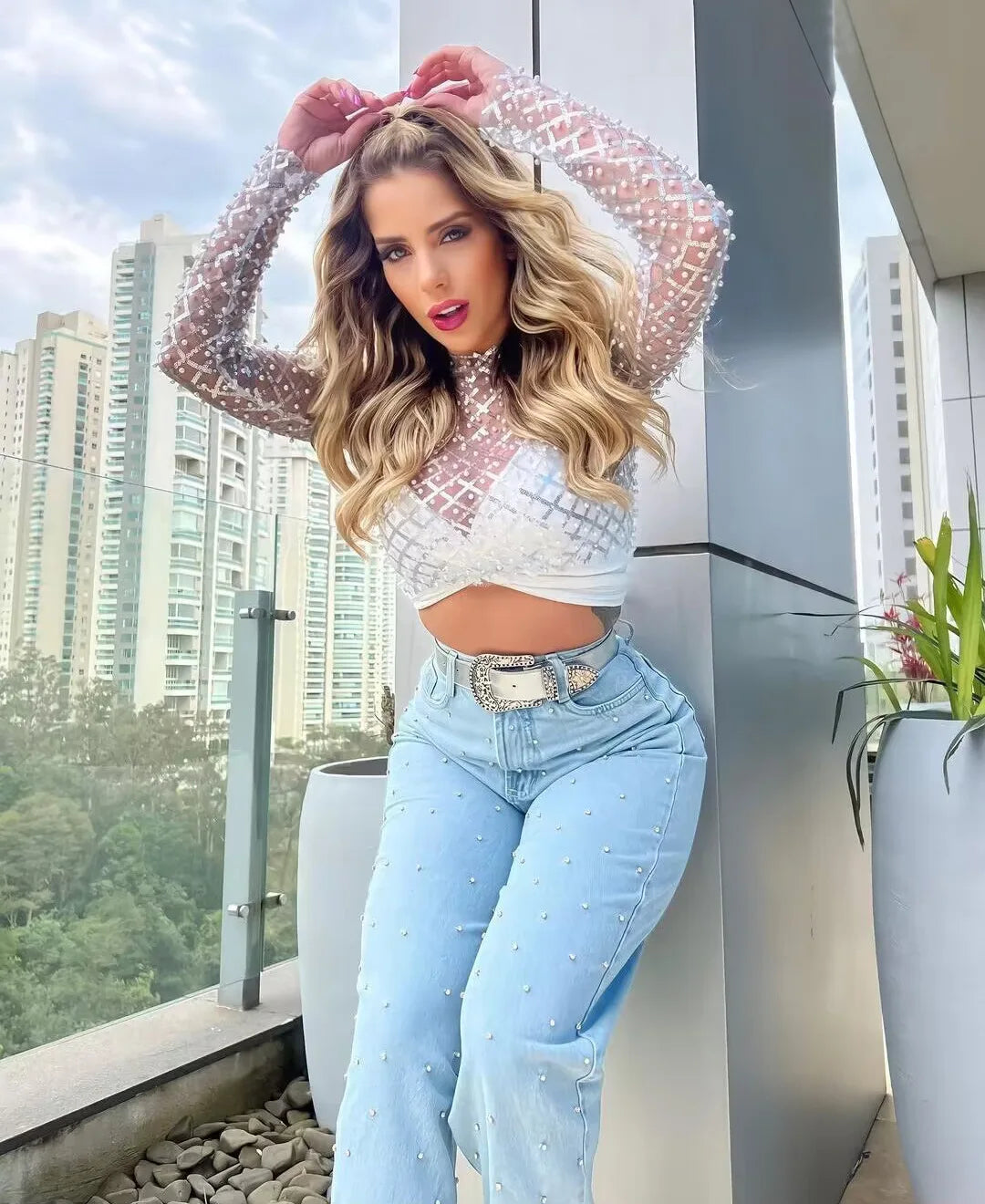 Women's Sexy Mesh Beaded Tops Ladies Fashion Sequins Long Sleeve Top T-Shirt Summer Casual Pullover for Female 2024 New