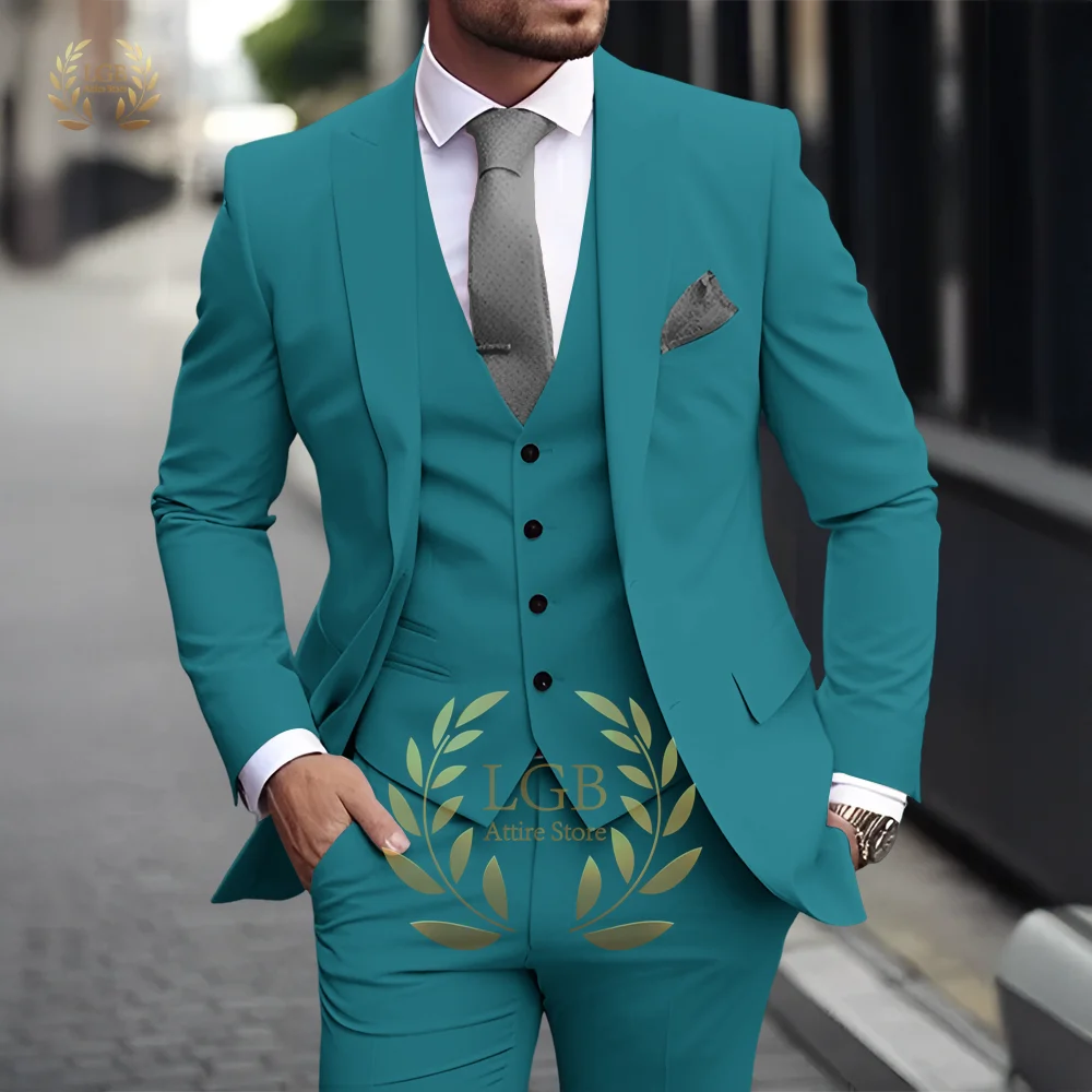 Men's Khaki 3-Piece Suit Classic Peak Lapel Business Formal Wedding Groom Slim Fit Elegant Gentleman Style Fashion Blazer