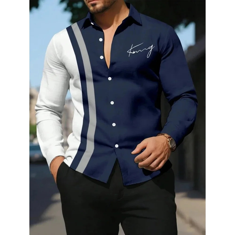 Men's Shirt Letter Striped Print Men's Long-Sleeved Shirt Autumn Casual Tops Beach Men Clothing Oversized Men's Fashion Shirts