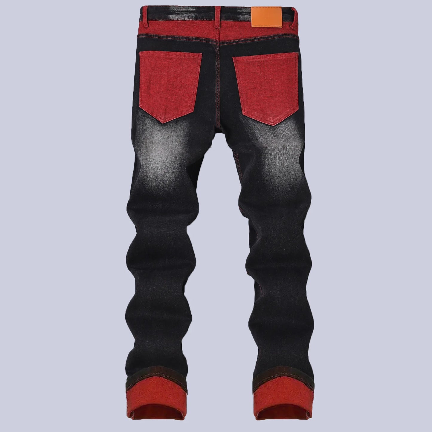 Men's Black Stretch Jeans for Spring and Fall, Denim Pants with Red Ripped Details, Asian Sizes 28–42.