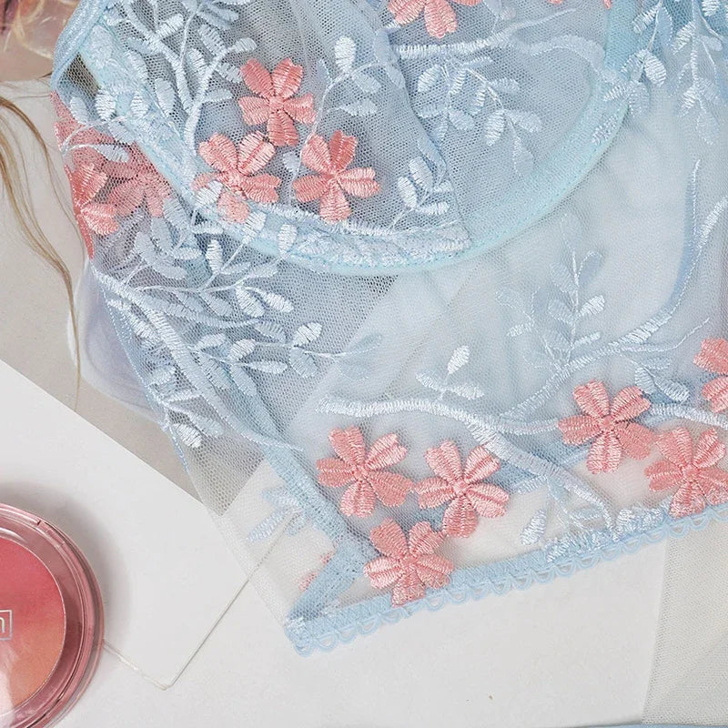 Lace Floral Embroidery See Through Bra Panties Set Women Underwear Erotic Sexy Lingerie Female 2 Pieces Bra Brief Sets