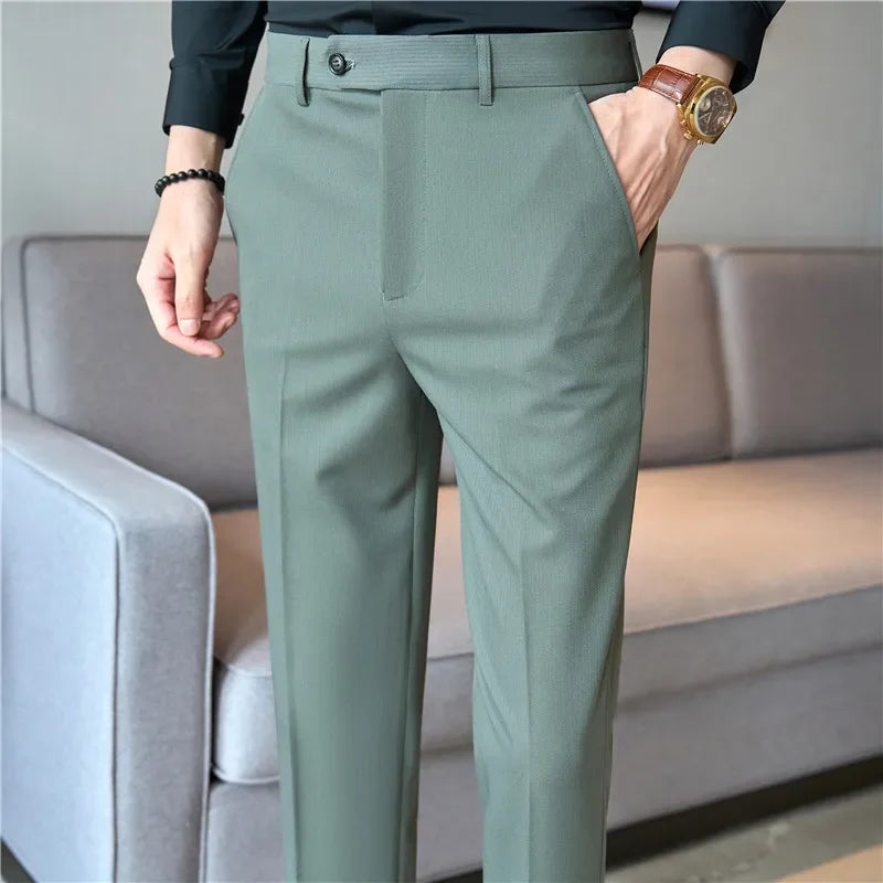 2025  New Autumn Green Premium Dark Stripe Formal Pants for Men,Coffee Slim Small Foot Mens Casual Trousers/Dress Pants Men