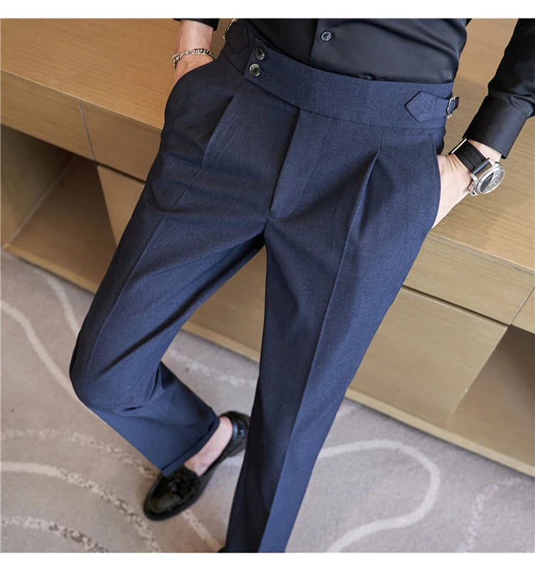 British Style Men High Waist Casual Dress Pant Men Belt Design Pink Trousers Formal Office Social Wedding Party Dress Suit Pants