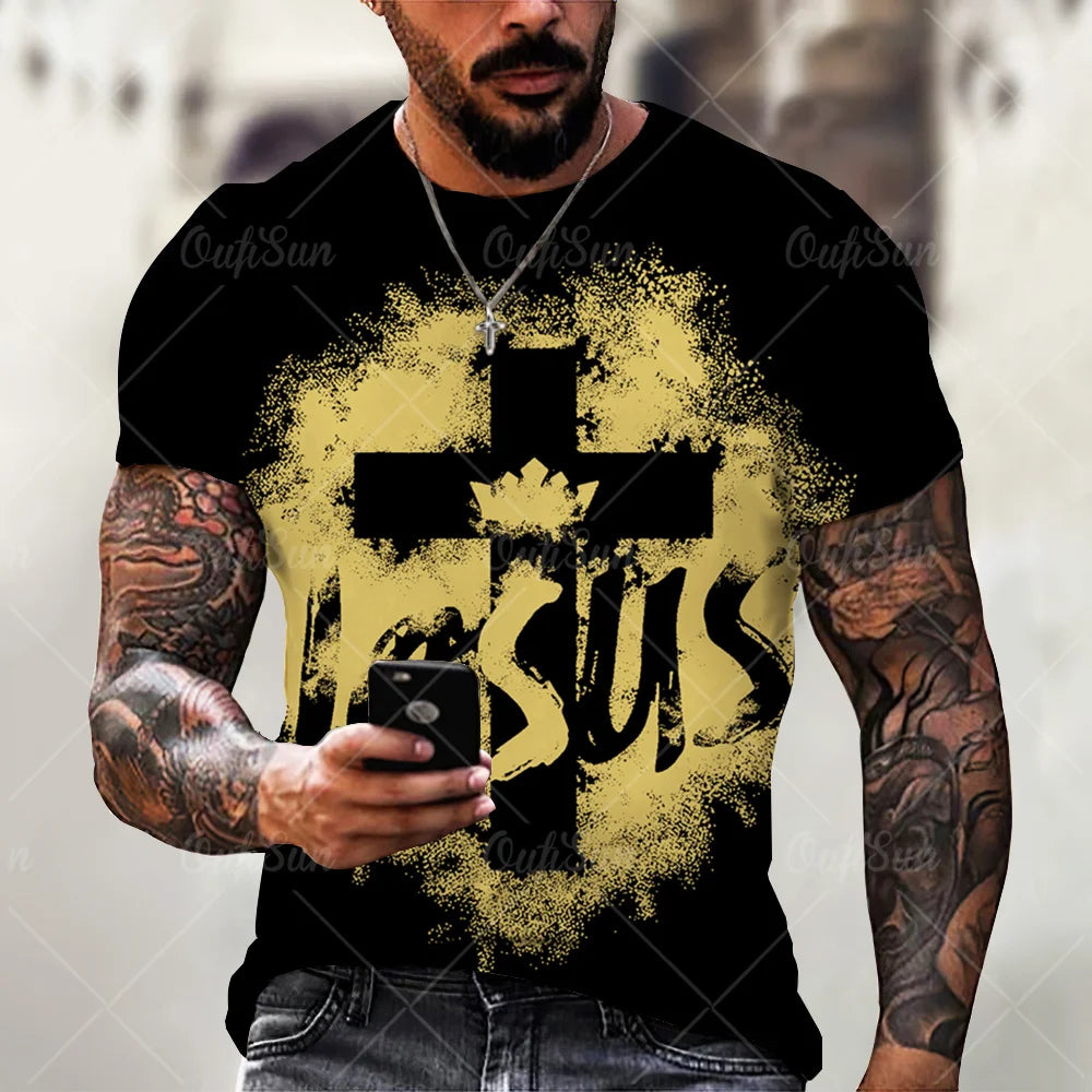 New Fashion Personality Men's T-Shirt Christian Cross Pattern 3D Printed Retro Short Sleeve O Neck Quick Dry High Quality Top