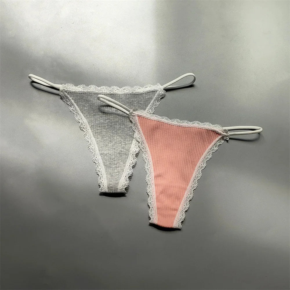 2PCS Cotton Lace Trim Underwear Woman Sexy Thong Lingerie Soft Ribbed Strings T-back Underwear Plus Size S-XL