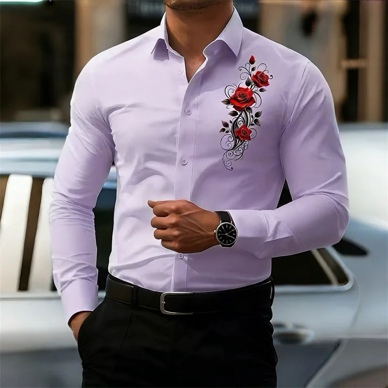 Men's Long-Sleeved Shirt, Featuring a Vintage Red Rose Print Design. A Stylish Business Casual Shirt and Fashionable Men's Top.