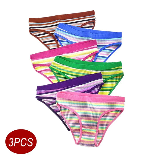 CRWC 3Pcs Cotton Pants Women Underwear Low Waist Striped Briefs Colorful Girls Cute Stretch Lingerie Plus Size