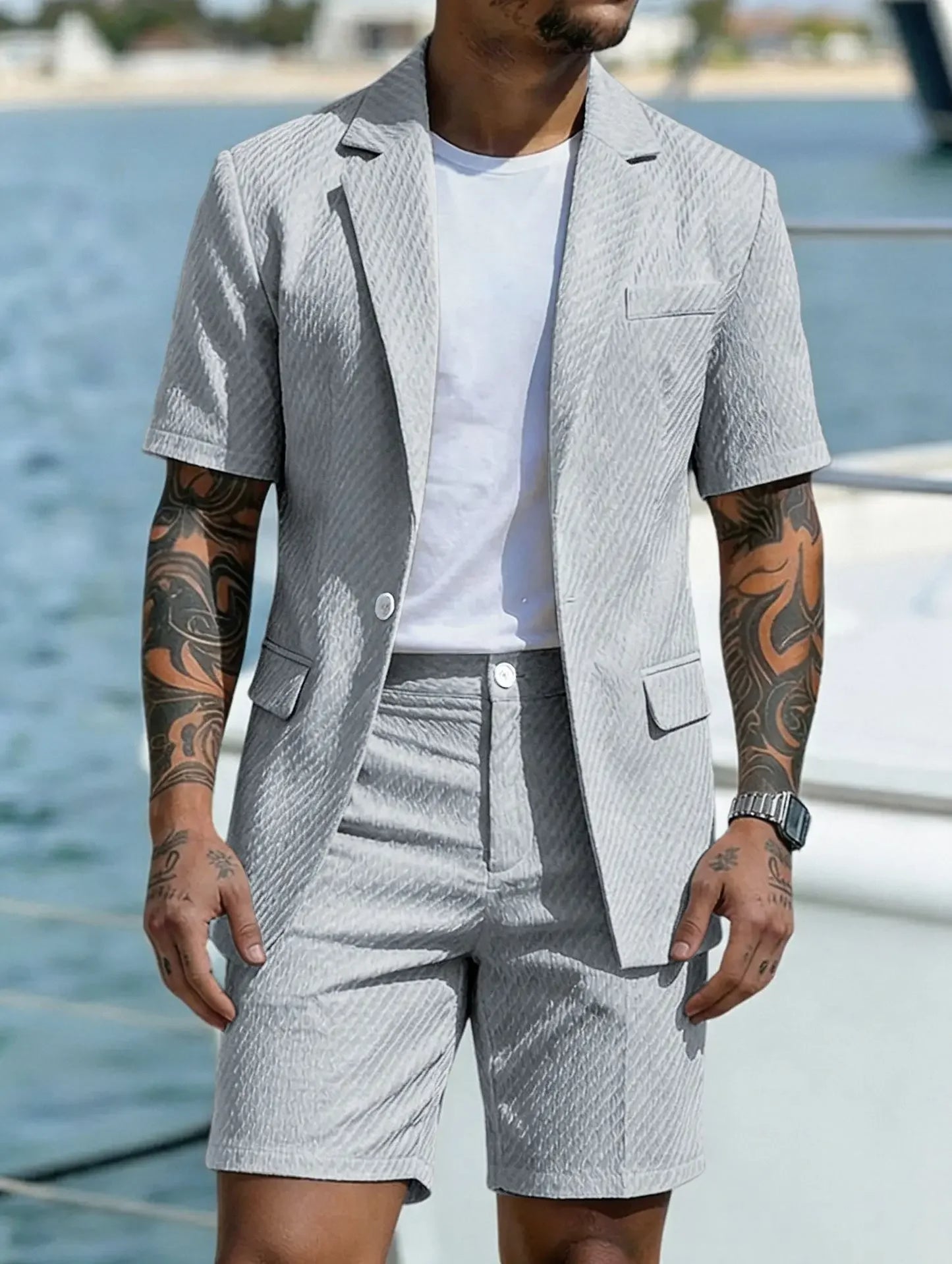 Men Suit Set Summer British Style Solid Color Short Sleeve Male Outfit Slim Breathable Business Wedding Man 2-piece Suit