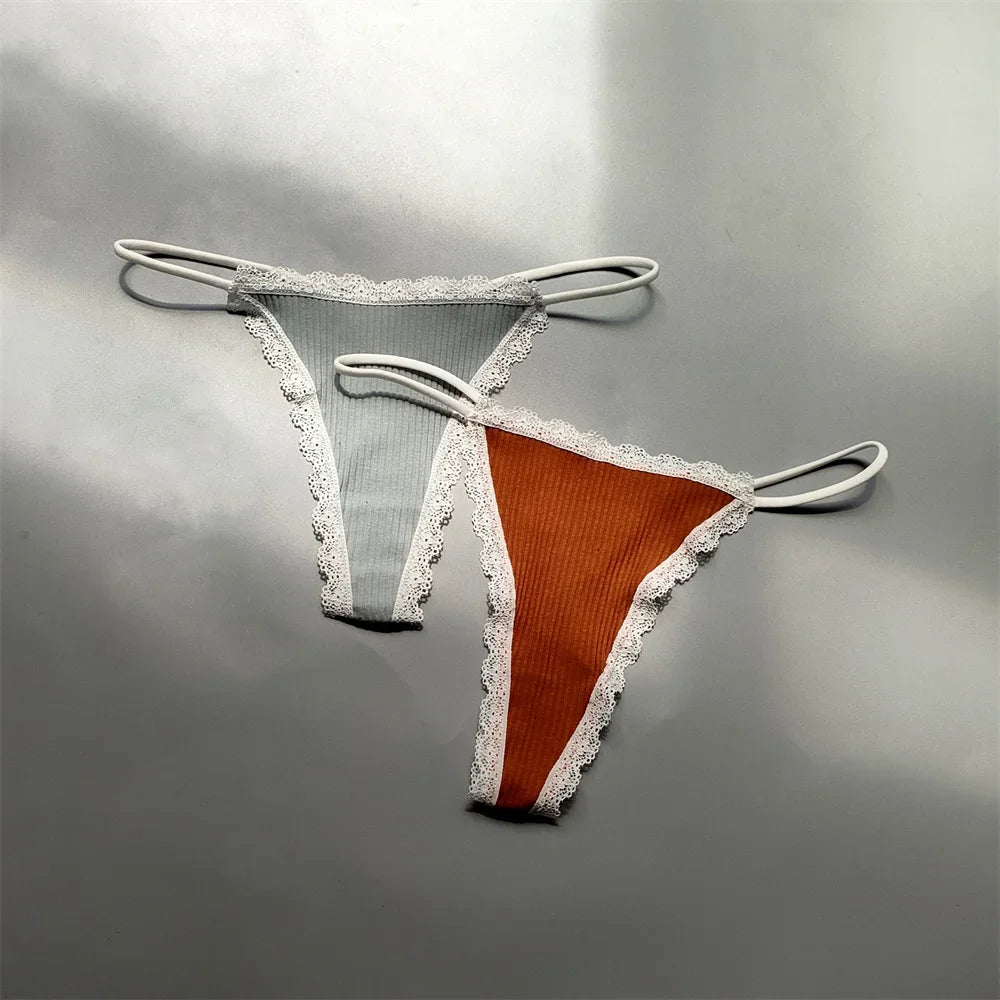 2PCS Cotton Lace Trim Underwear Woman Sexy Thong Lingerie Soft Ribbed Strings T-back Underwear Plus Size S-XL