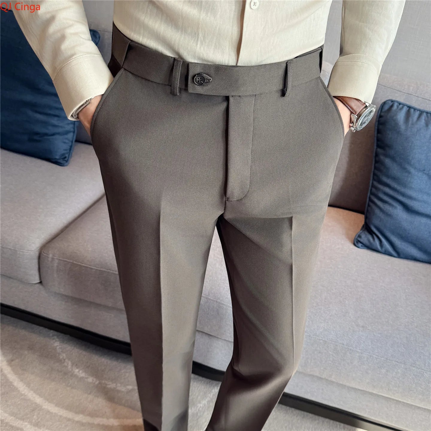 2026 Men's Suit Pants – Striped Formal Trousers in Brown, High-Quality Business Slim Fit Dress Pants for Office & Wedding Wear.