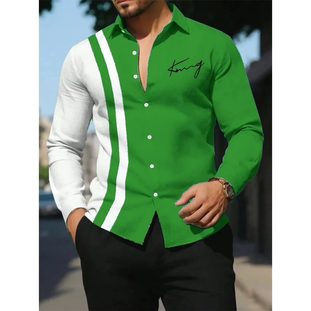 Men's Shirt Letter Striped Print Men's Long-Sleeved Shirt Autumn Casual Tops Beach Men Clothing Oversized Men's Fashion Shirts