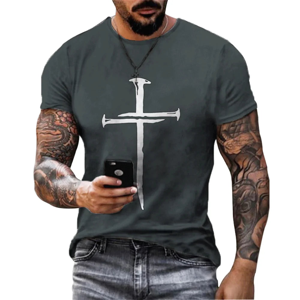 New Fashion Personality Men's T-Shirt Christian Cross Pattern 3D Printed Retro Short Sleeve O Neck Quick Dry High Quality Top