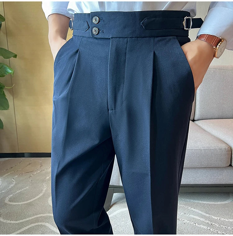 High Quality Neapolitan Mens Suit Pants, Slim Fit Casual Trousers, Blue Vintage High Waist Dress Pants Men ，pantalon Homme Luxe
