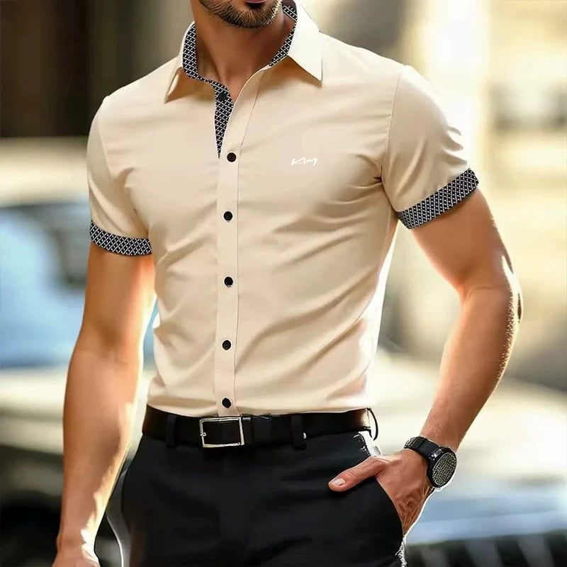 Men Contrast Trim Short Sleeve Dress Shirt Dark Green Slim Button Up Shirt Male Business Casual Formal Office Work Shirts