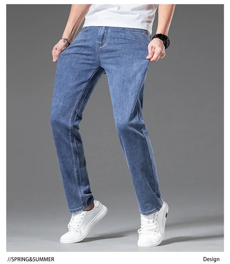 2024 New in Streetwear New Men's Light Gray Thin Slim Fit Jeans  Business Stretch Denim Trousers Male Pants