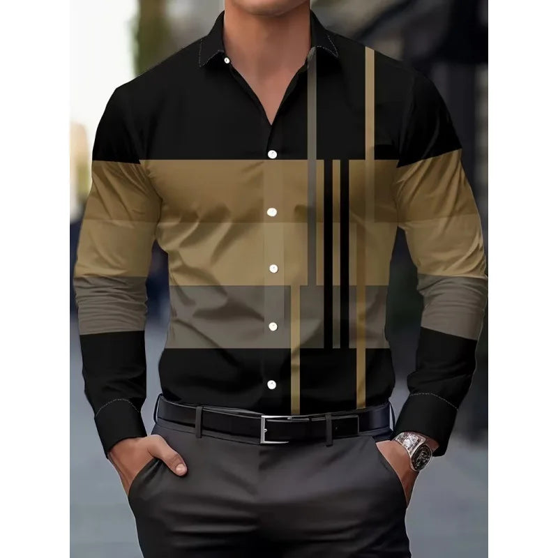 Men's Long Sleeve Geometric Line Print Dress Shirt Slim Fit Formal Casual Button Down Business Top Camisa Masculina De Negócios