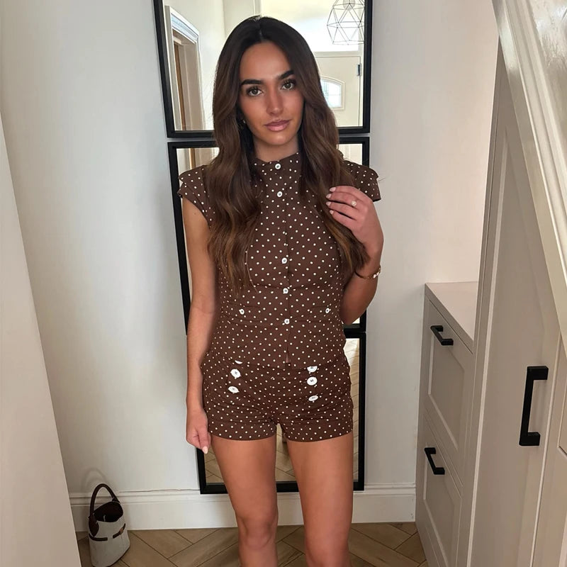 MUJER Polka Dot Crop Top Woman Summer Button Short Tops Woman Holiday Sleeveless Tops Women Set Streetwear Tank Women's Tops