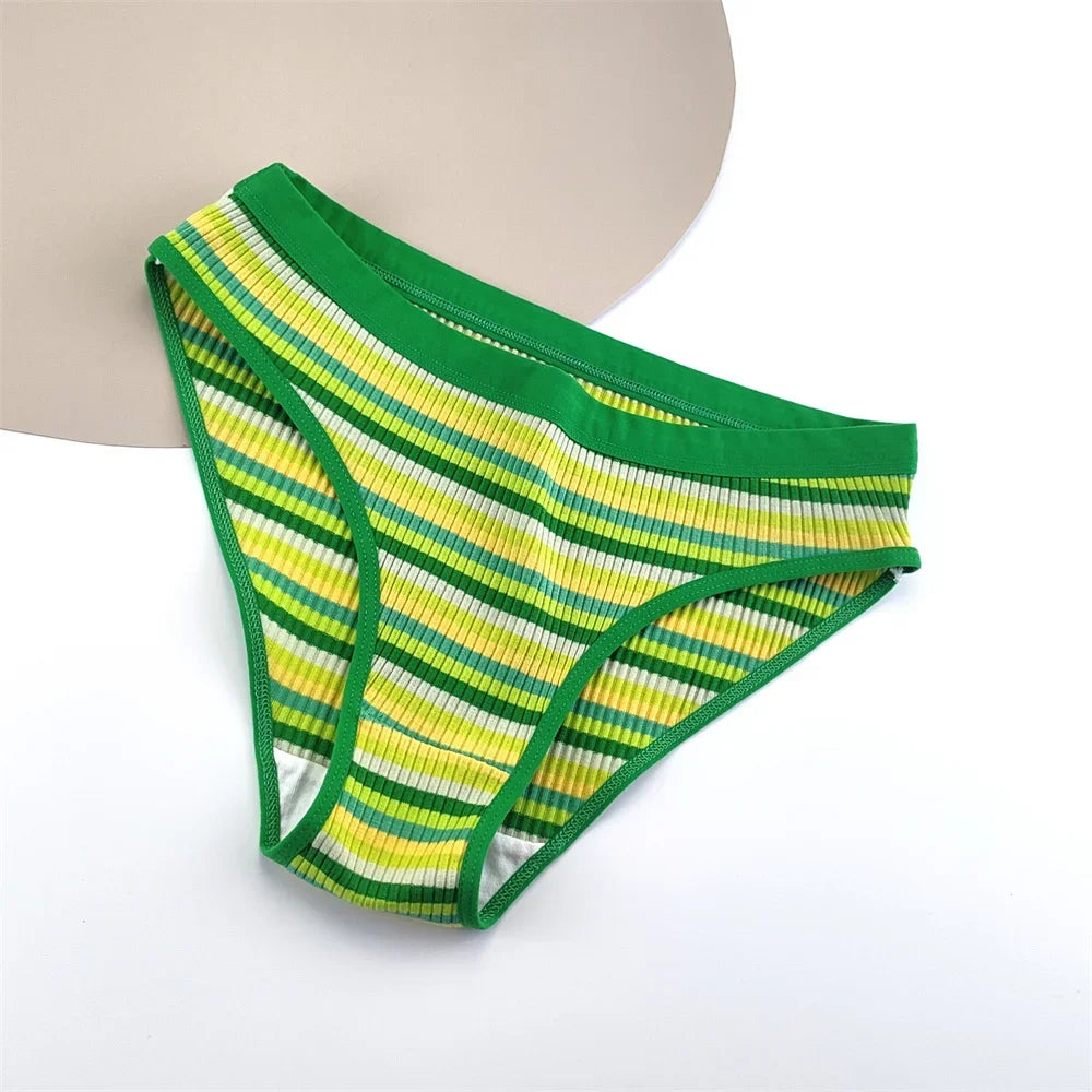 CRWC 3Pcs Cotton Pants Women Underwear Low Waist Striped Briefs Colorful Girls Cute Stretch Lingerie Plus Size