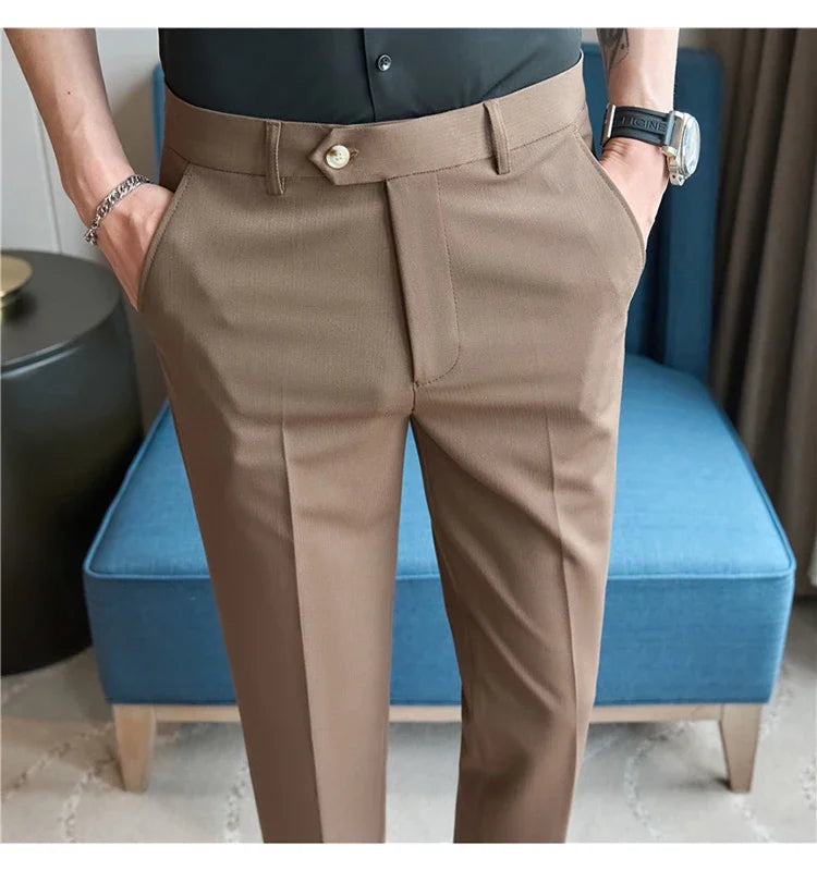2025  New Autumn Green Premium Dark Stripe Formal Pants for Men,Coffee Slim Small Foot Mens Casual Trousers/Dress Pants Men