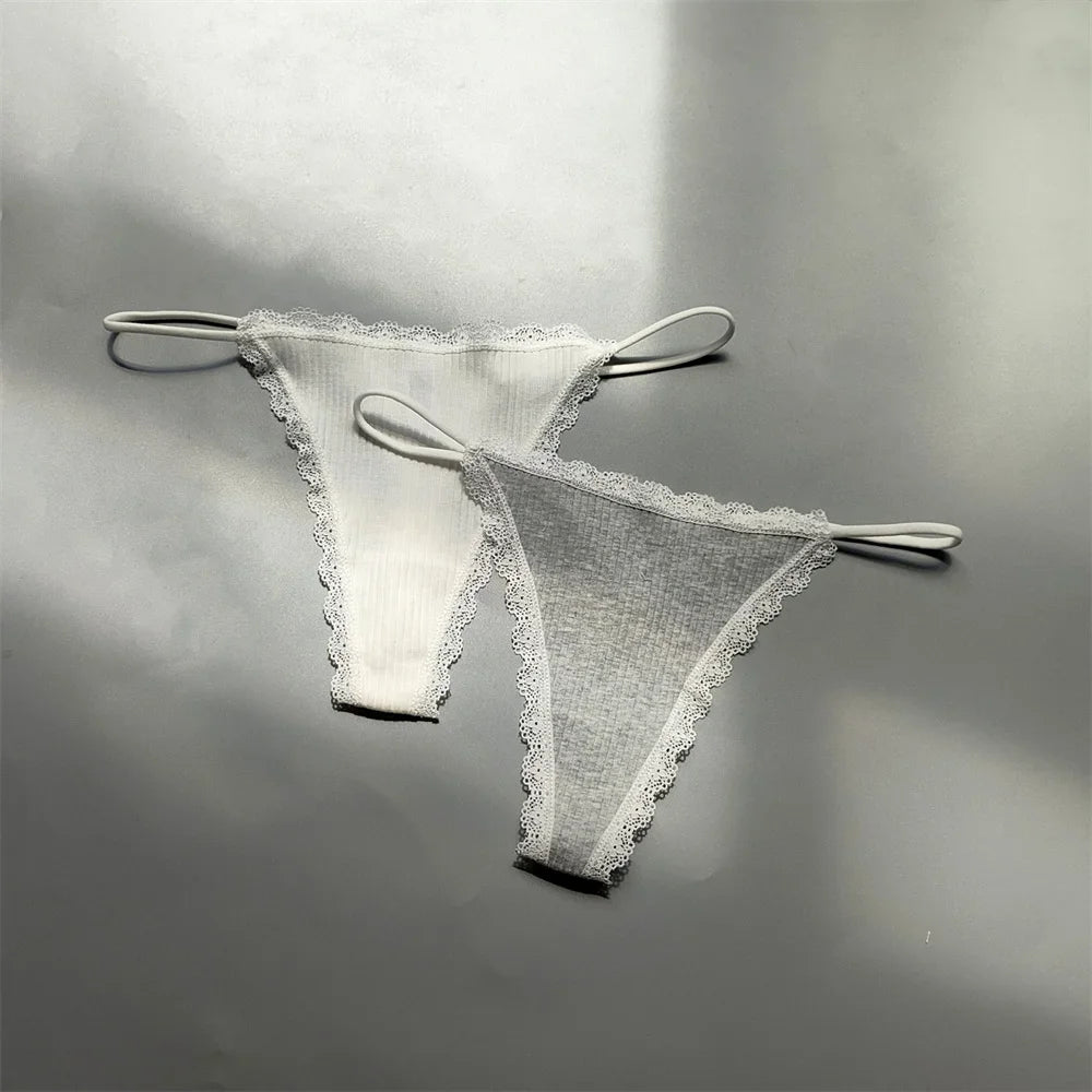2PCS Cotton Lace Trim Underwear Woman Sexy Thong Lingerie Soft Ribbed Strings T-back Underwear Plus Size S-XL