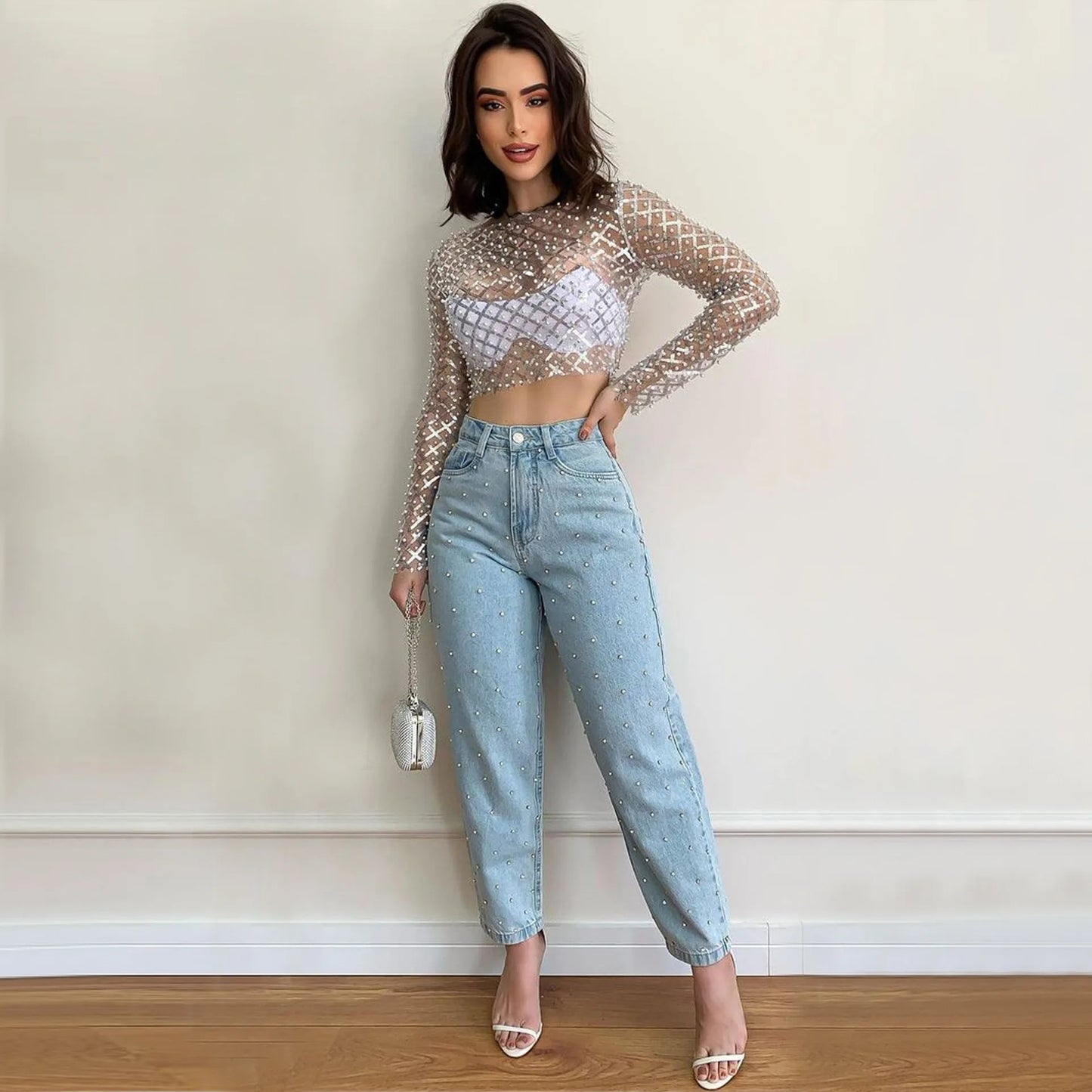 Women's Sexy Mesh Beaded Tops Ladies Fashion Sequins Long Sleeve Top T-Shirt Summer Casual Pullover for Female 2024 New
