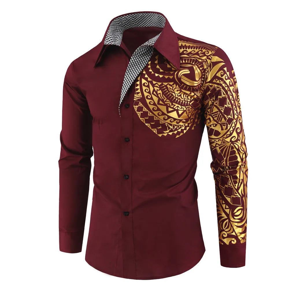 New Fashion Men's Shirt Gold Stamping Printing Long Sleeve Shirt Slim Fit Causal Turn Down Collar Hot Sale
