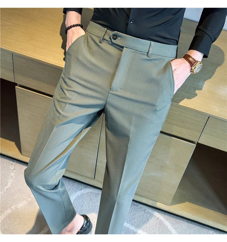 2025  New Autumn Green Premium Dark Stripe Formal Pants for Men,Coffee Slim Small Foot Mens Casual Trousers/Dress Pants Men