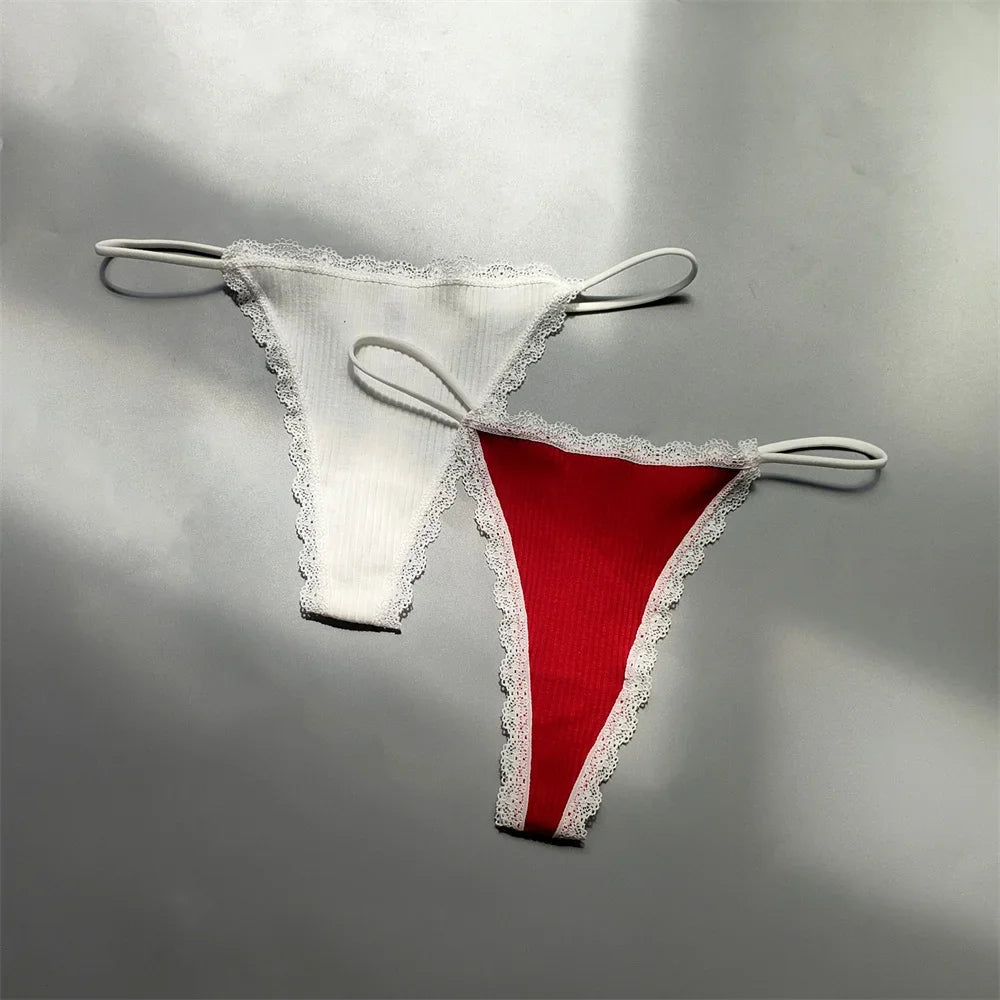 2PCS Cotton Lace Trim Underwear Woman Sexy Thong Lingerie Soft Ribbed Strings T-back Underwear Plus Size S-XL