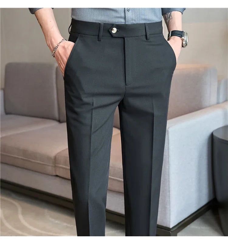 2025  New Autumn Green Premium Dark Stripe Formal Pants for Men,Coffee Slim Small Foot Mens Casual Trousers/Dress Pants Men