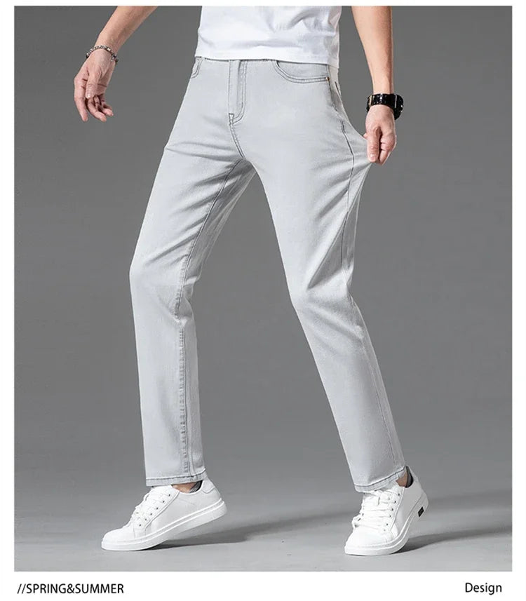 2024 New in Streetwear New Men's Light Gray Thin Slim Fit Jeans  Business Stretch Denim Trousers Male Pants