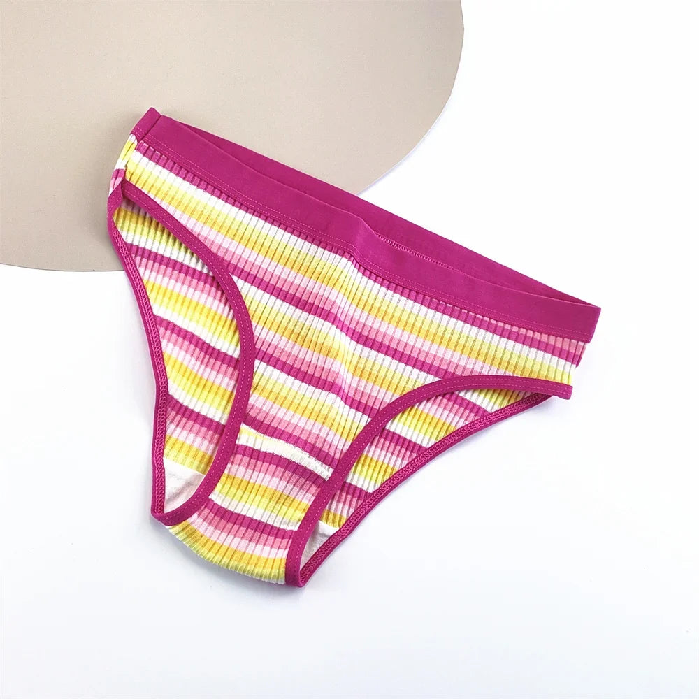 CRWC 3Pcs Cotton Pants Women Underwear Low Waist Striped Briefs Colorful Girls Cute Stretch Lingerie Plus Size